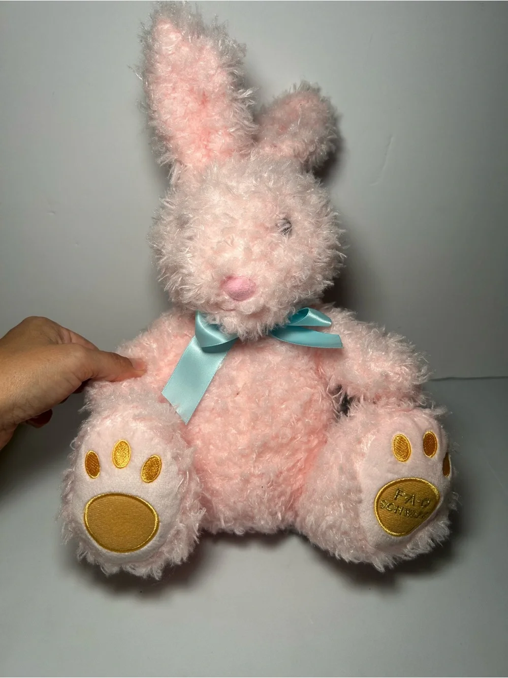 FAO Schwarz Pink Bunny Plush Rabbit Blue Ribbon Bow Stuffed Animal Toy